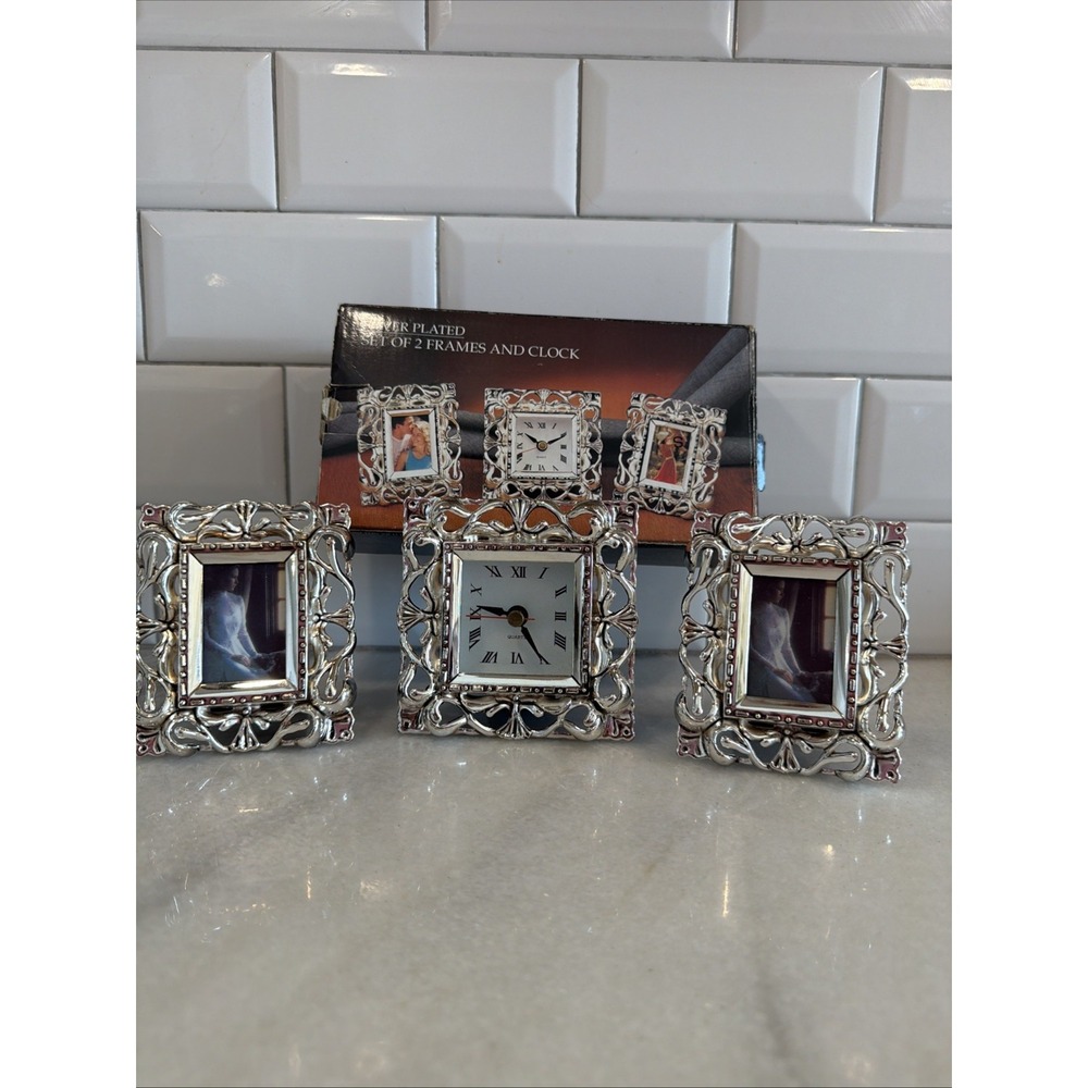Vintage 1996 Set of Mini Silverplated Picture Frames And Clock by Godinger GW994